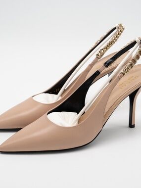 size 39G 9 US Gucci Signoria Logo Plaque Slingback Pumps Pink Leather Beige